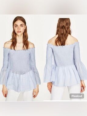Zara Woman Smocked Off The Shoulder Flare Bell Sleeve Peplum Blue Top Size Small